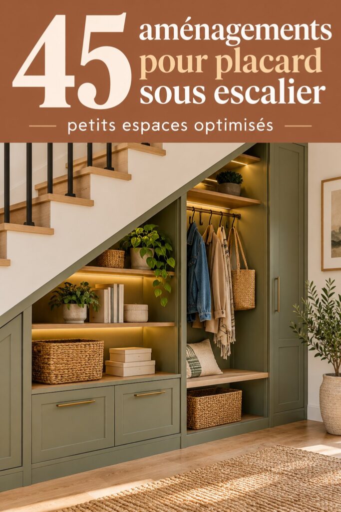 Aménagement pratique d'un placard sous escalier avec étagères en bois