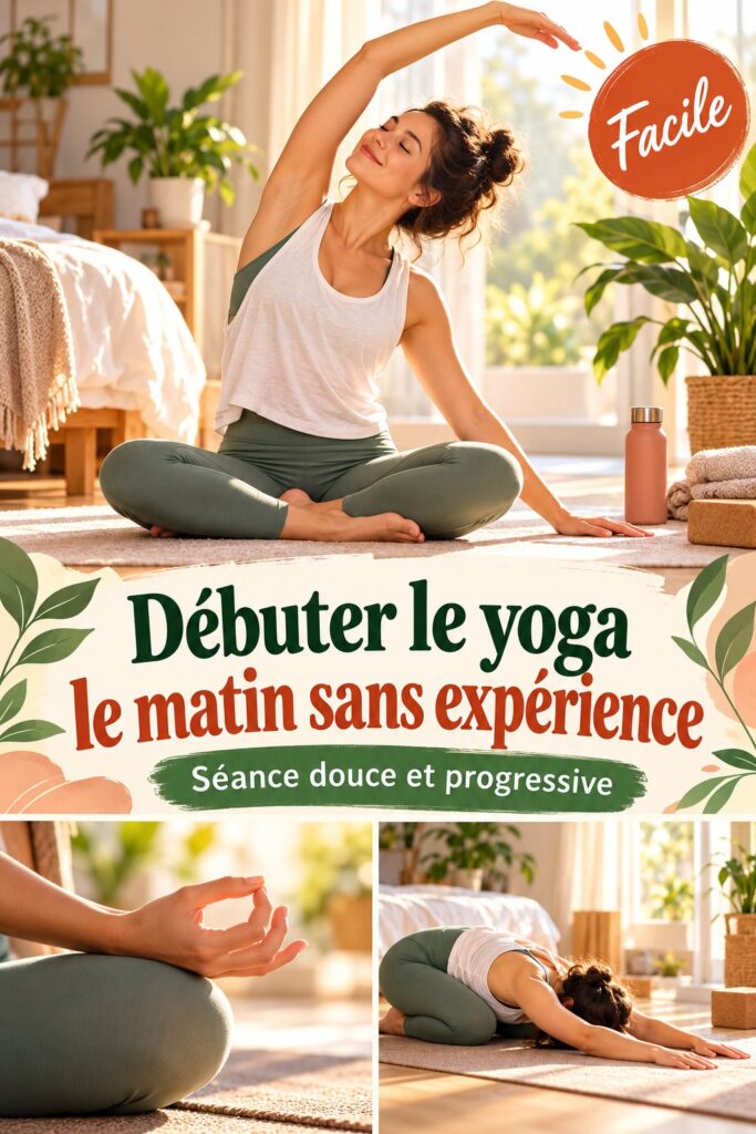 Femme pratiquant le yoga matinal sur un tapis dans un espace calme