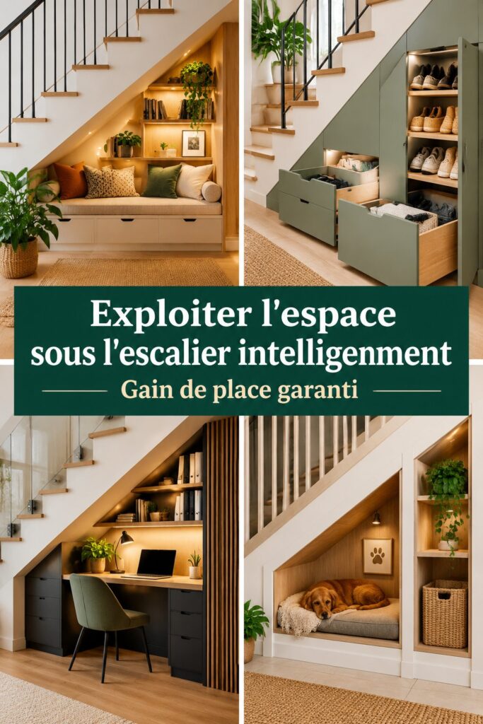 Espace au-dessus de l'escalier optimisé avec des étagères décoratives et un meuble de rangement