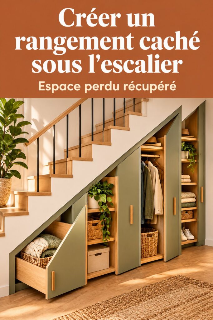 Rangement caché sous un escalier bien organisé
