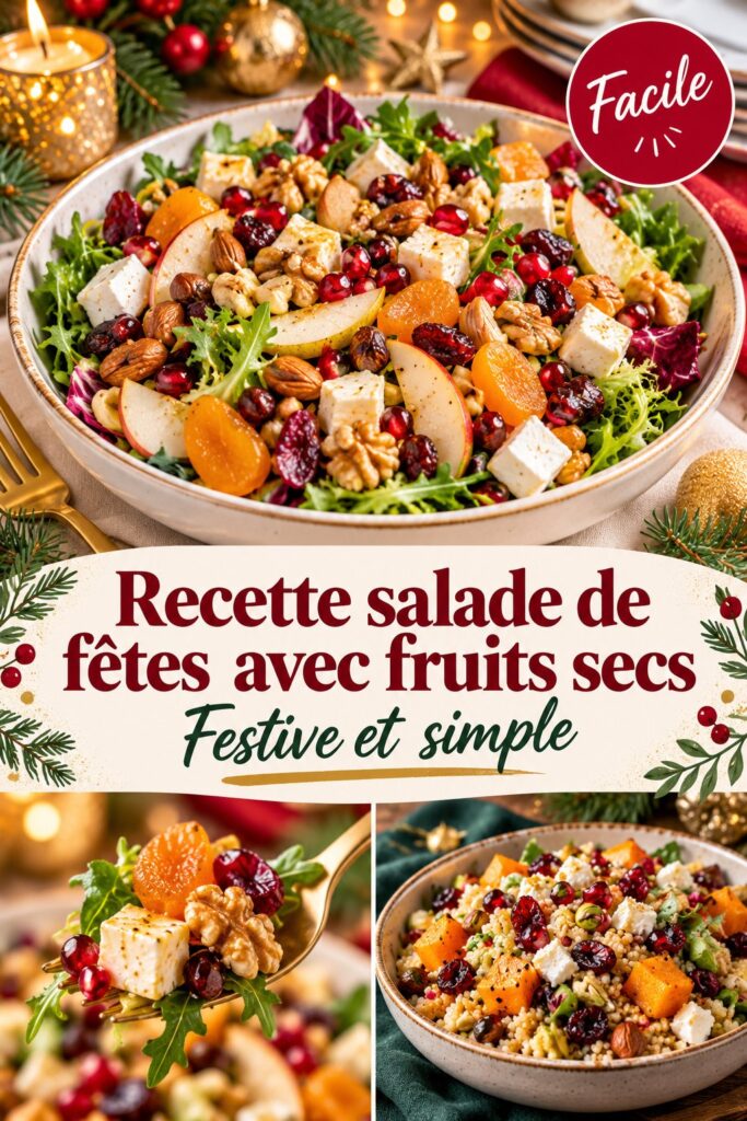 Salade de fêtes décorée de fruits secs et d'herbes sur une table de Noël