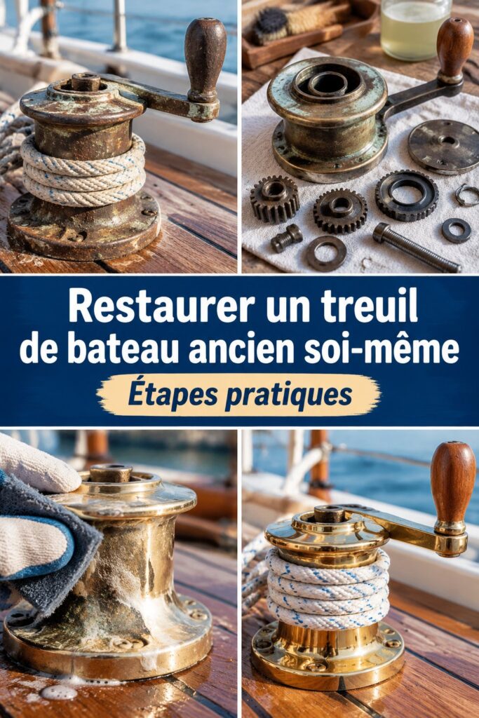 Treuil de bateau ancien restauré, mettant en avant le charme d'un objet vintage.